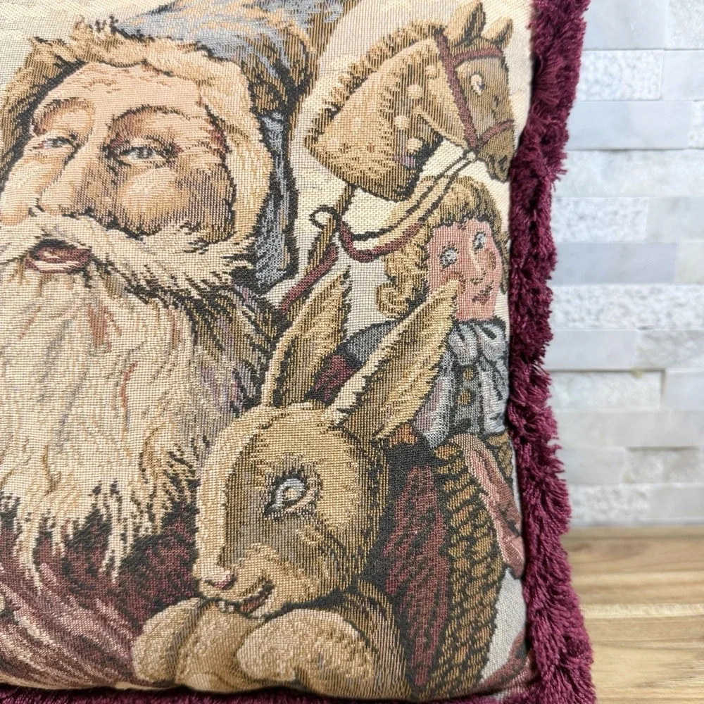 Vintage‎ Santa Claus Tapestry Throw Pillow Burgundy Fringe Velvet Back 11x11